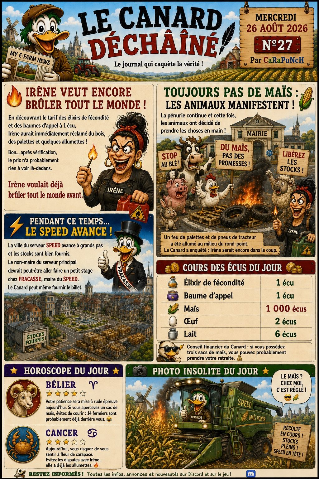 Le Canard Déchaîné N°27 — Pénurie de maïs : les animaux manifestent, Irène met le feu et Fracasse moissonne ! 🌽🔥