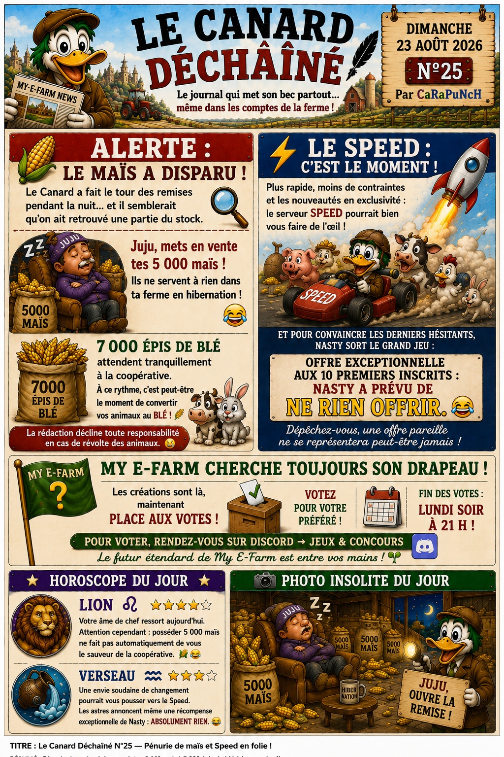 Le Canard Déchaîné N°25 — Pénurie de maïs et Speed en folie ! 🌽⚡
